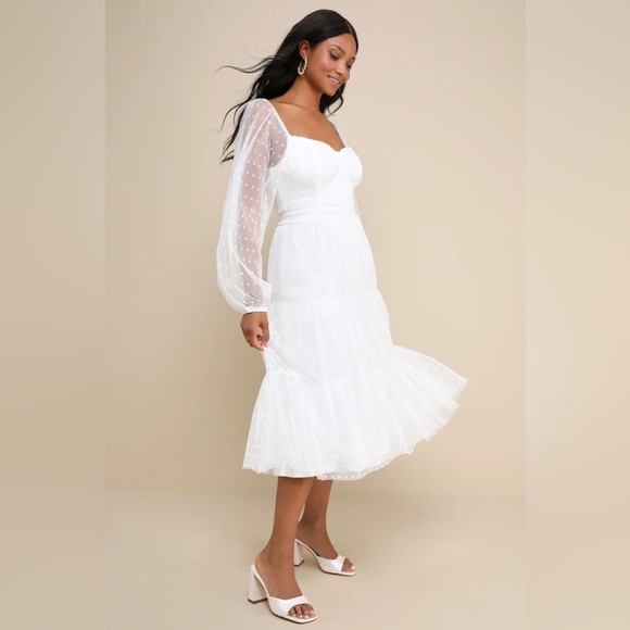 NEW Lulus Affectionate Aura White Swiss Dot Tiered Bustier Midi Dress Size XL - Picture 7 of 11